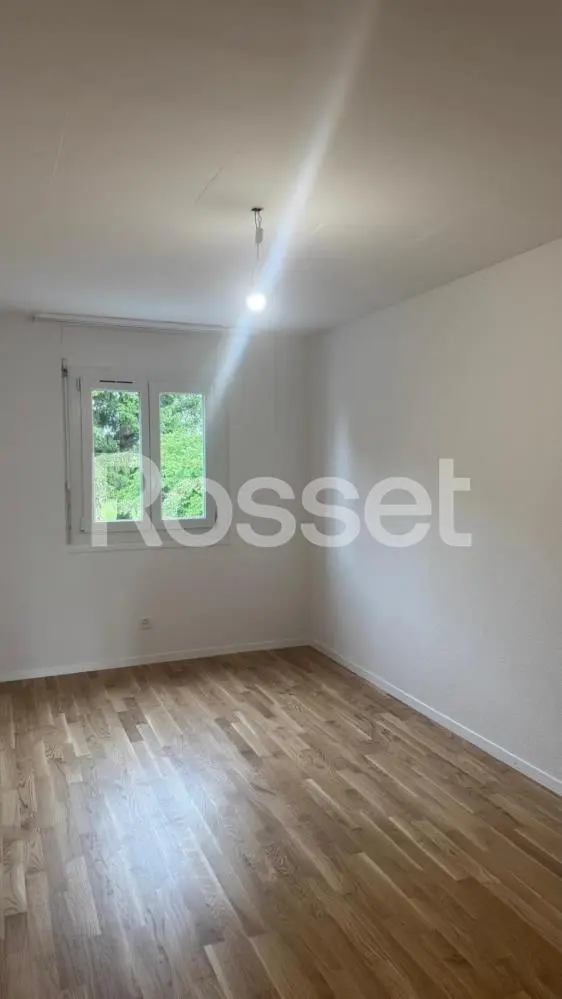 Leerer, renovierter Raum mit Parkett und Fenster