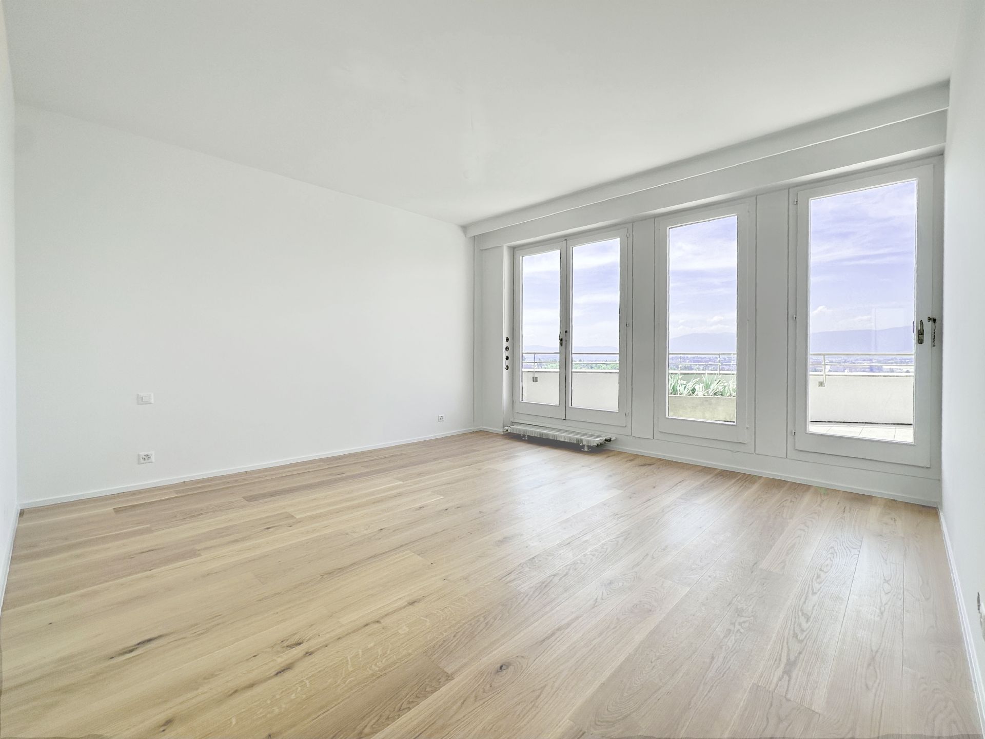 Heller leerer Wohnraum mit großer Fensterfront