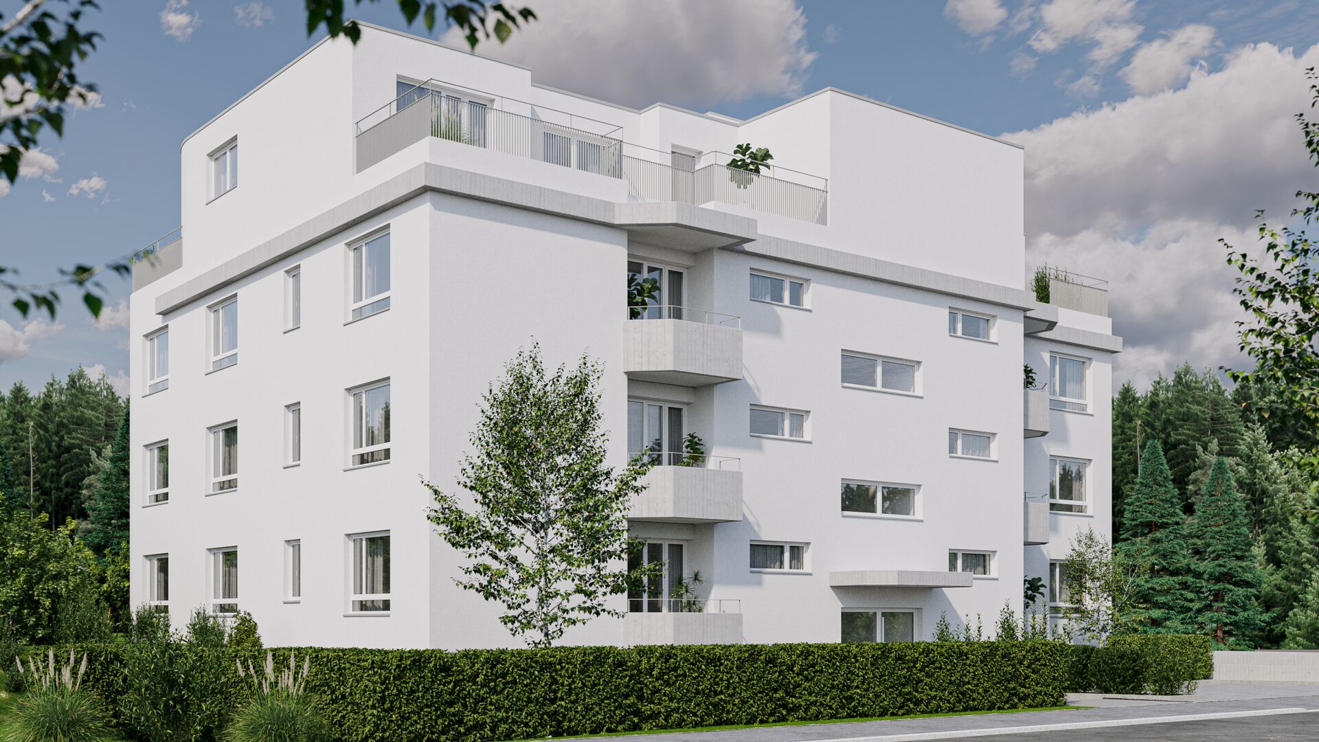 Modernes weißes Mehrfamilienhaus mit Balkonen