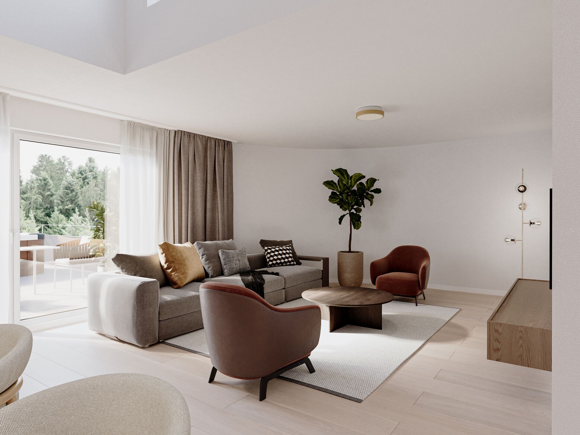 Helles, modernes Wohnzimmer mit Balkonblick