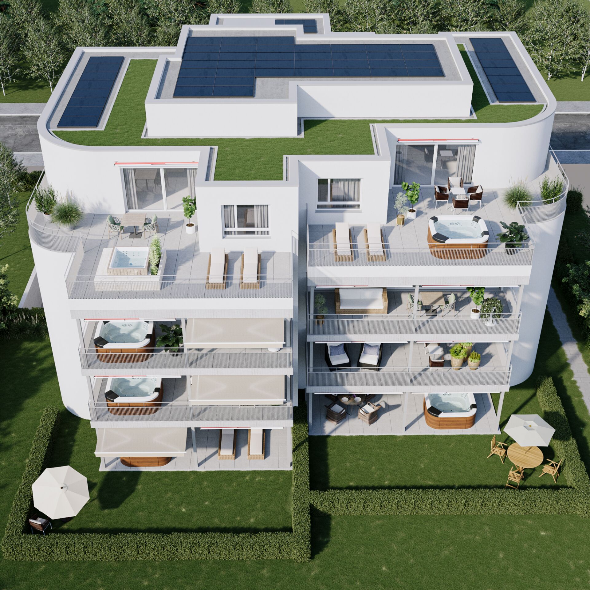 Moderne Mehrfamilienhaus-Ansicht mit Dachterrassen