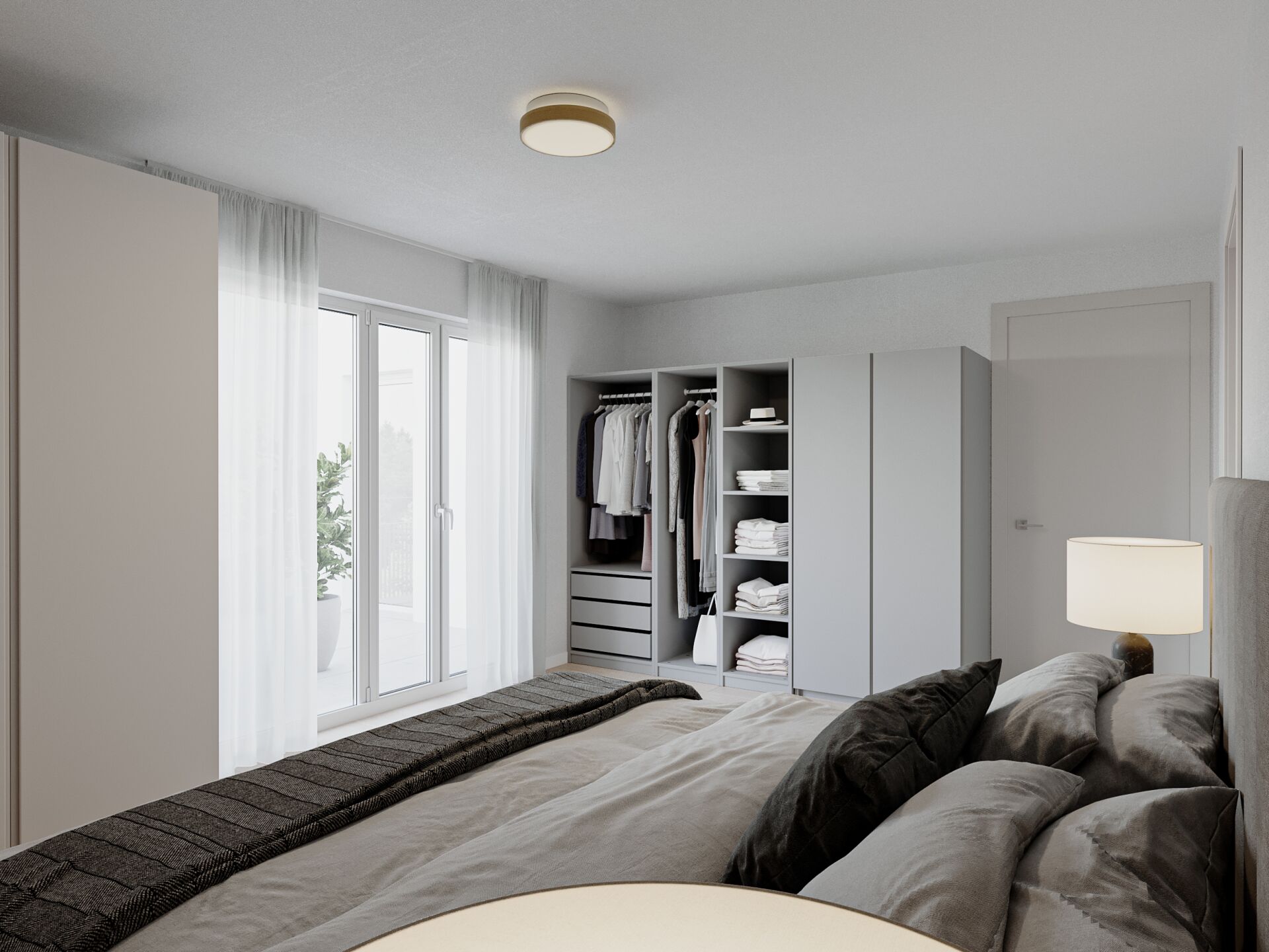 Helles Schlafzimmer mit offenem Kleiderschrank