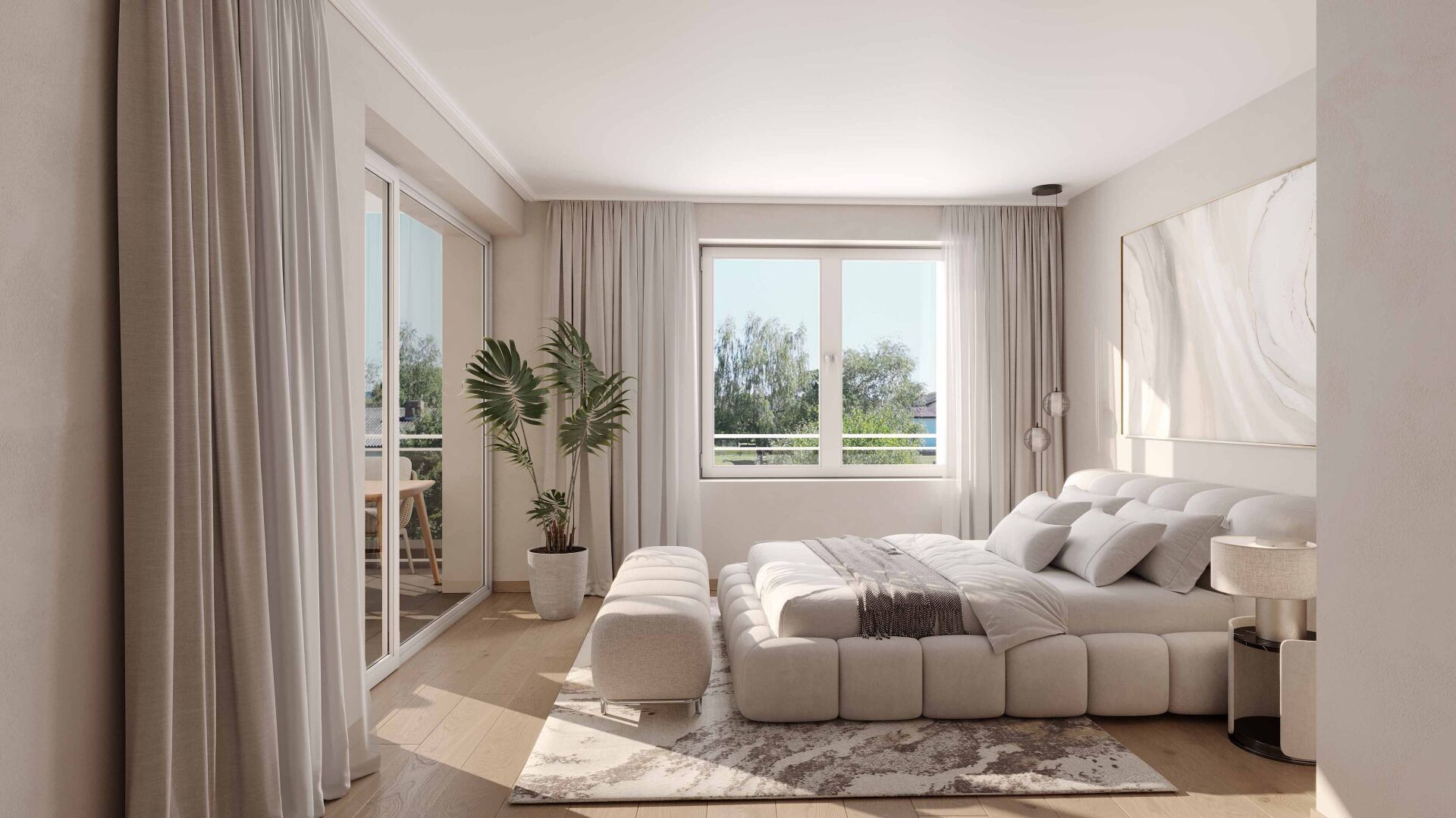 Helles, modernes Schlafzimmer mit Balkonblick