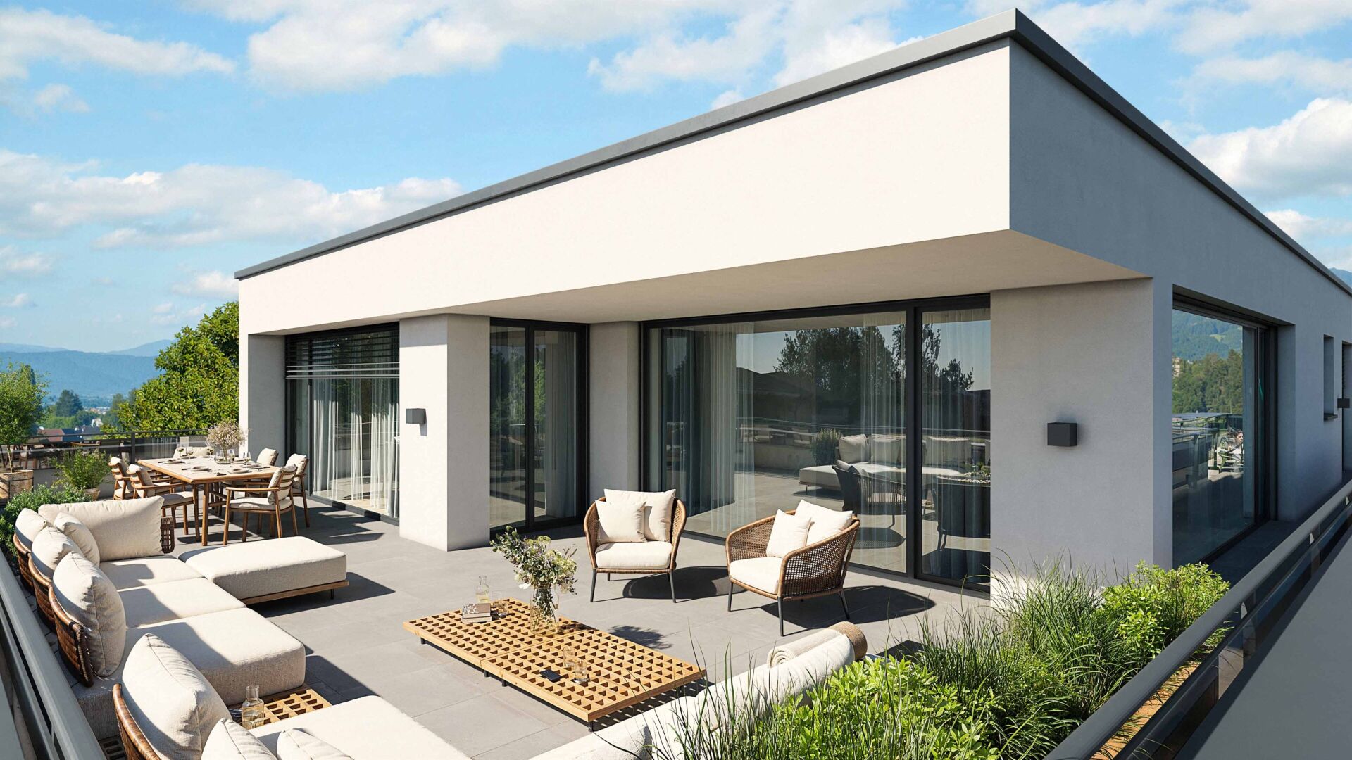 Moderne Dachterrasse mit Lounge und Esstisch