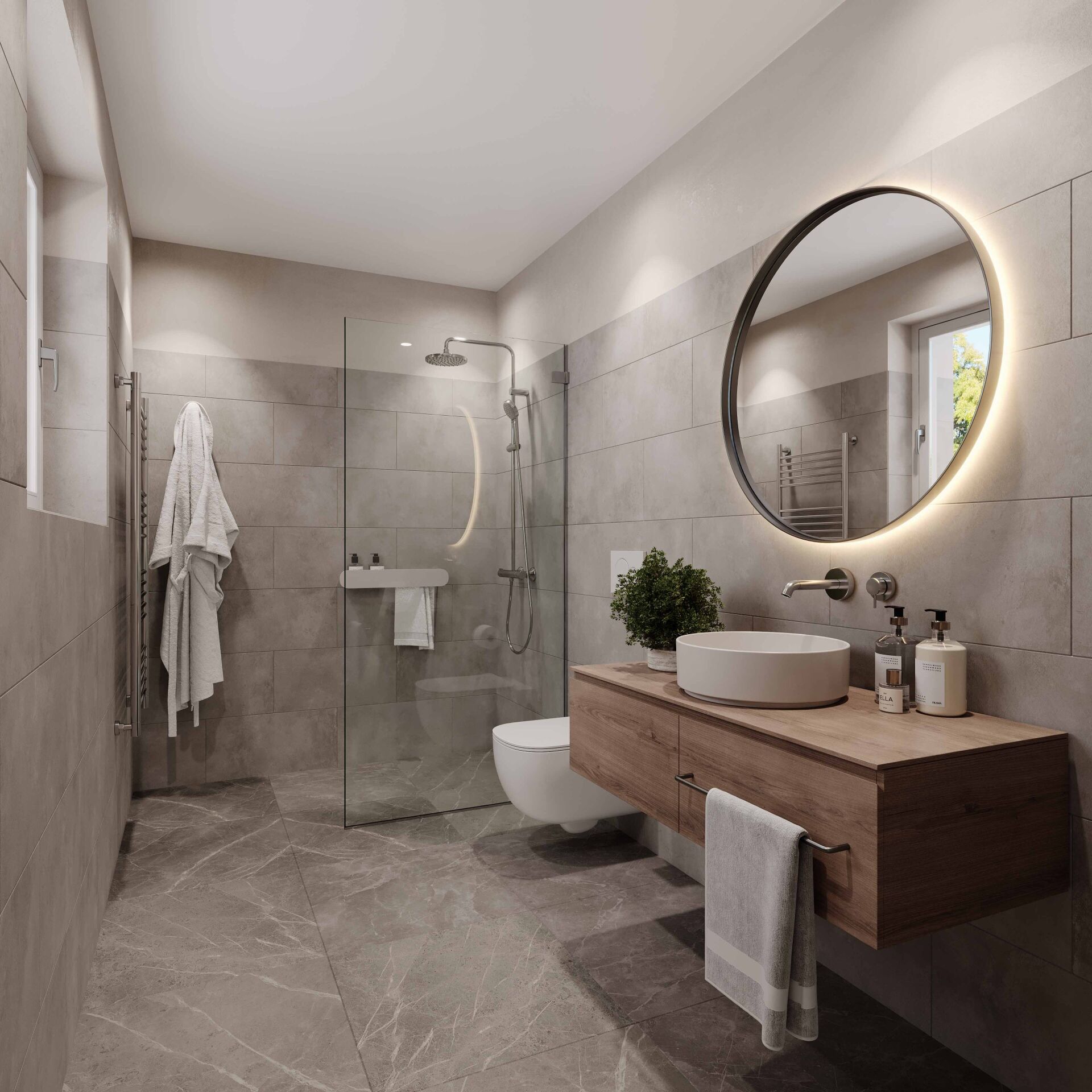 Modernes Badezimmer mit Walk-in-Dusche und Holzwaschtisch