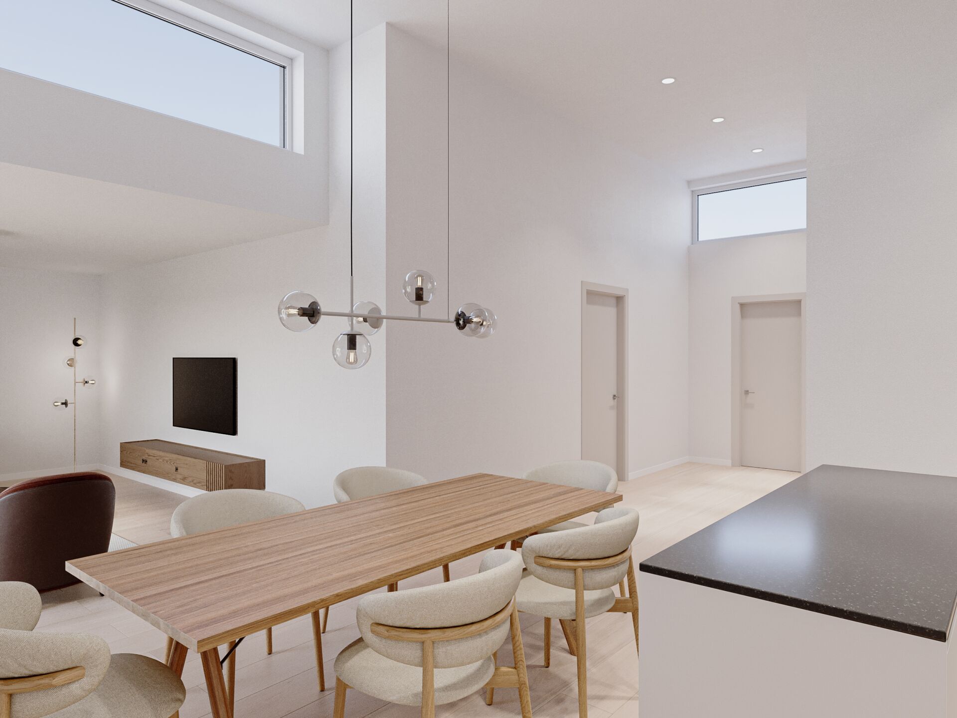 Modernes, lichtdurchflutetes Esszimmer mit Galerie