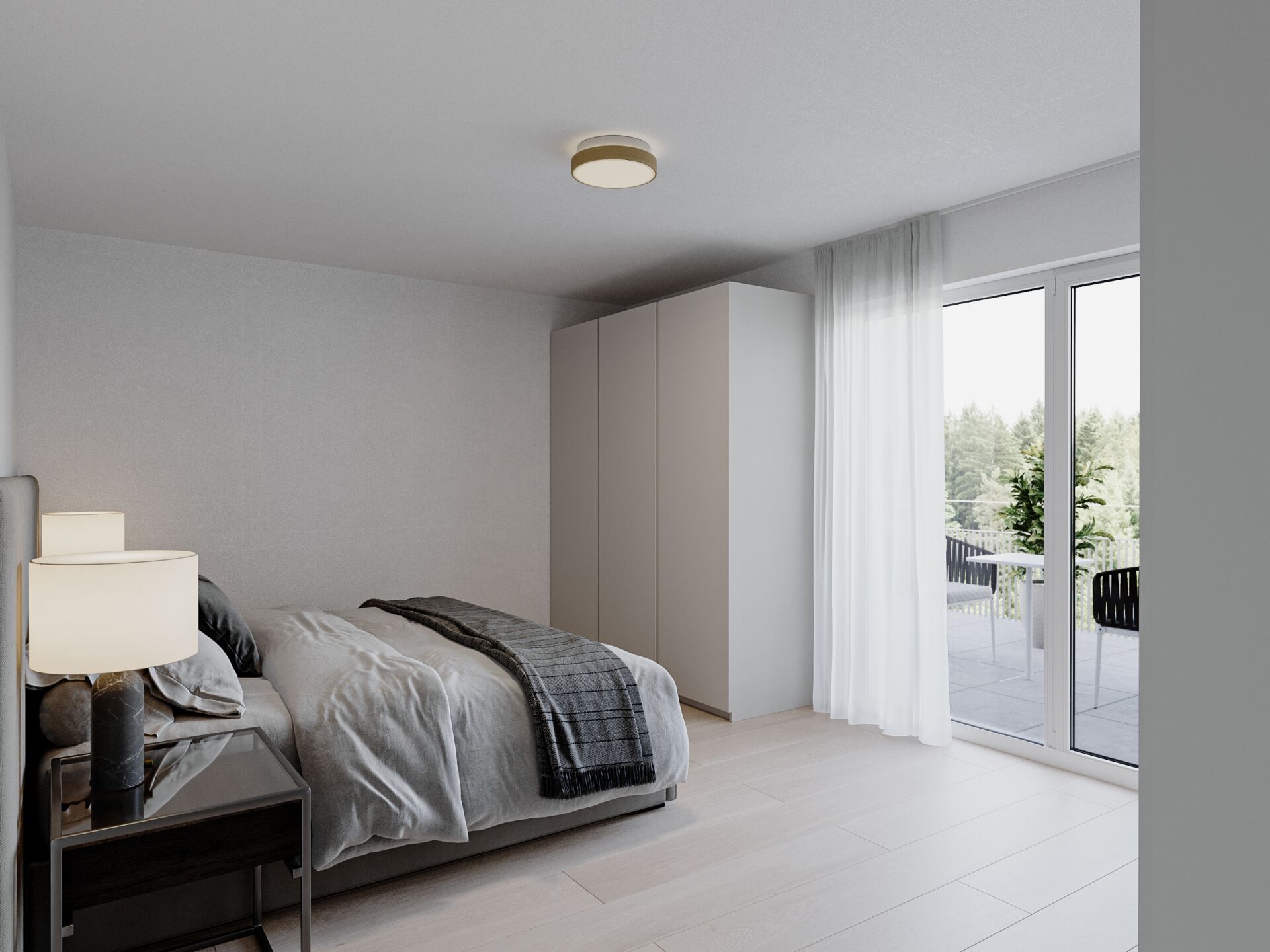 Modernes Schlafzimmer mit Balkonzugang