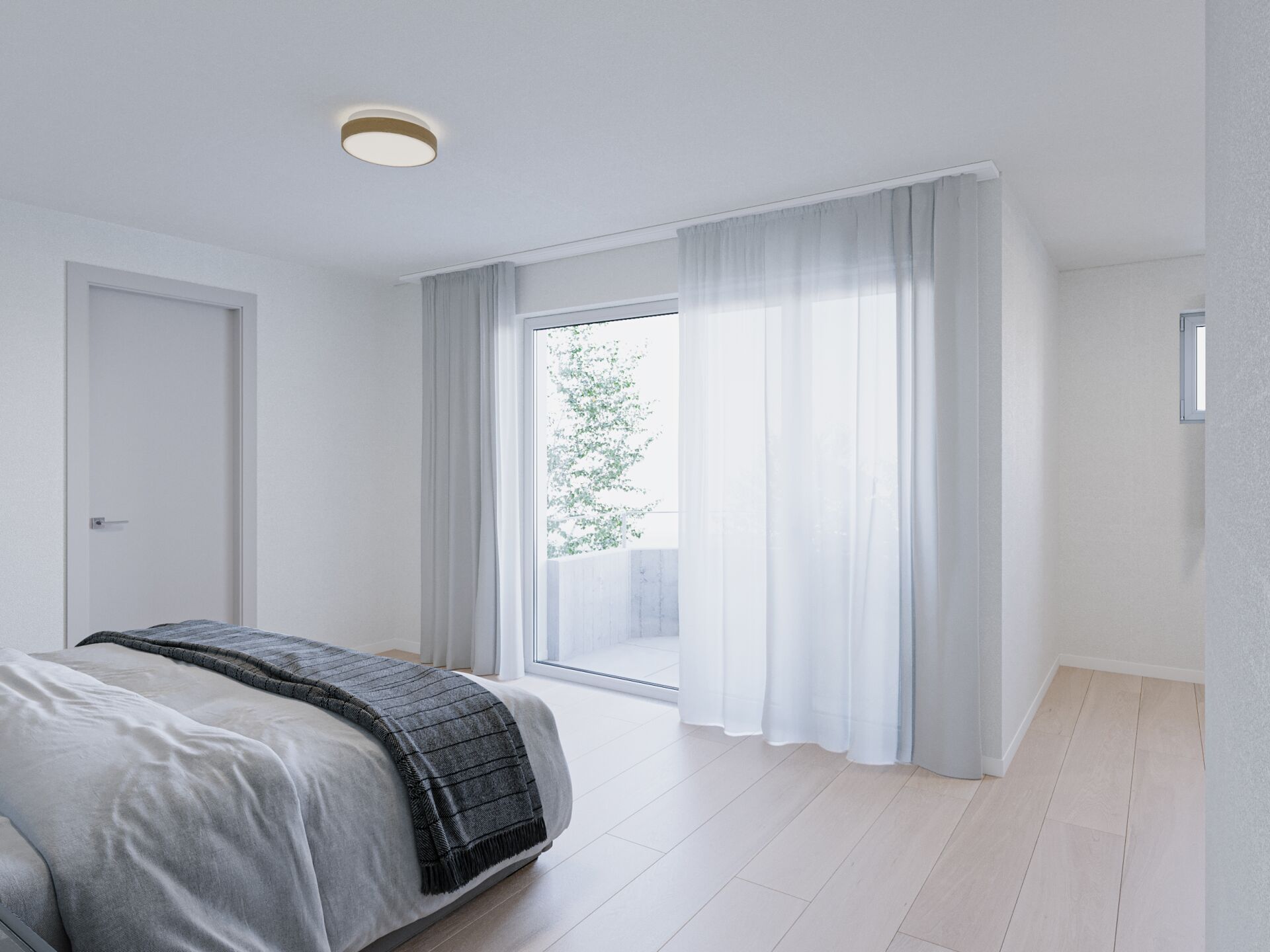 Hell eingerichtetes, minimalistisches Schlafzimmer mit Balkonzugang