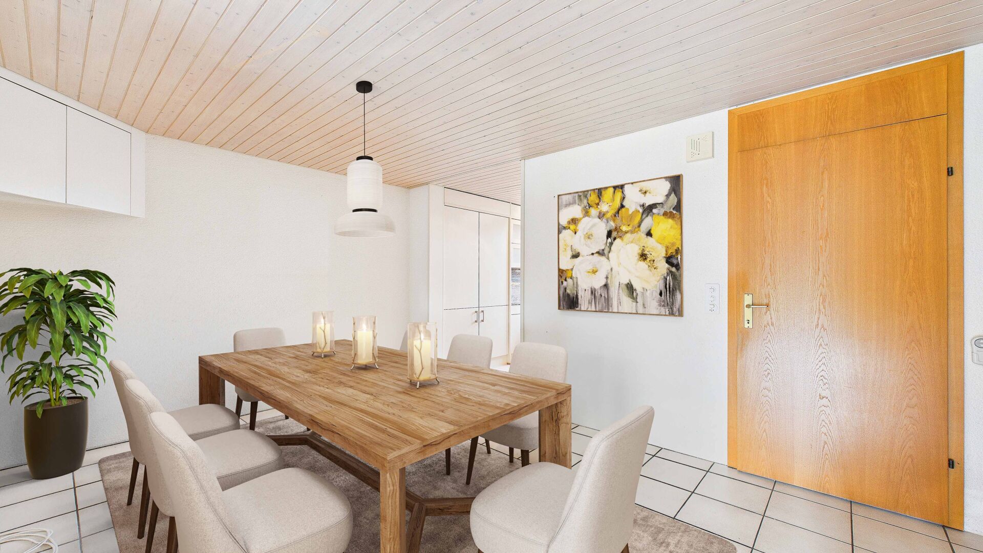 Esszimmer mit Holztisch und sechs Stühlen