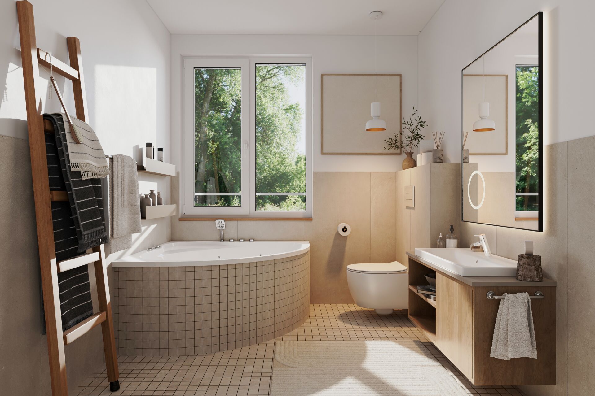 Modernes Badezimmer mit Badewanne, Waschtisch und Wand-WC