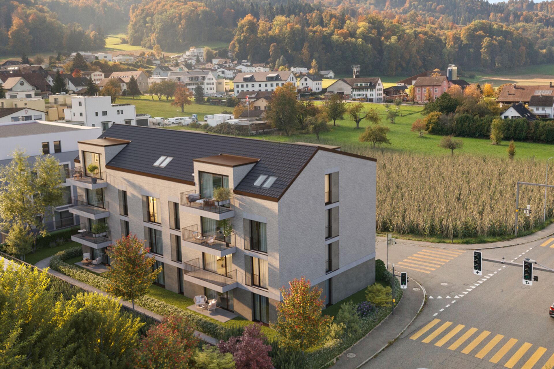 Modernes Mehrfamilienhaus in grüner Umgebung