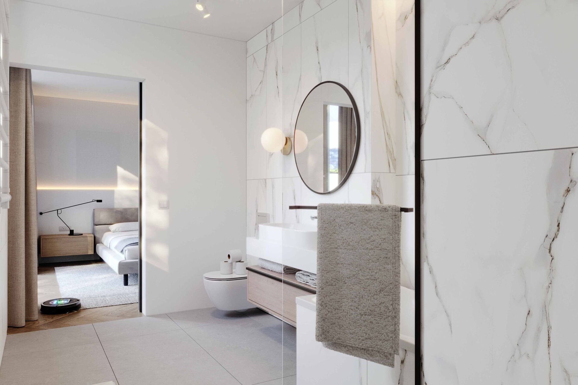 Modernes Badezimmer mit Blick ins Schlafzimmer