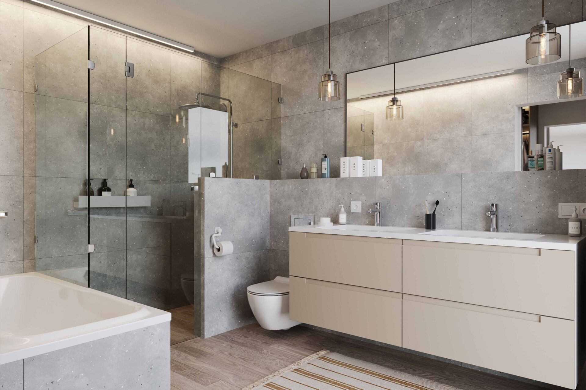 Modernes Badezimmer mit Doppelwaschtisch und Dusche