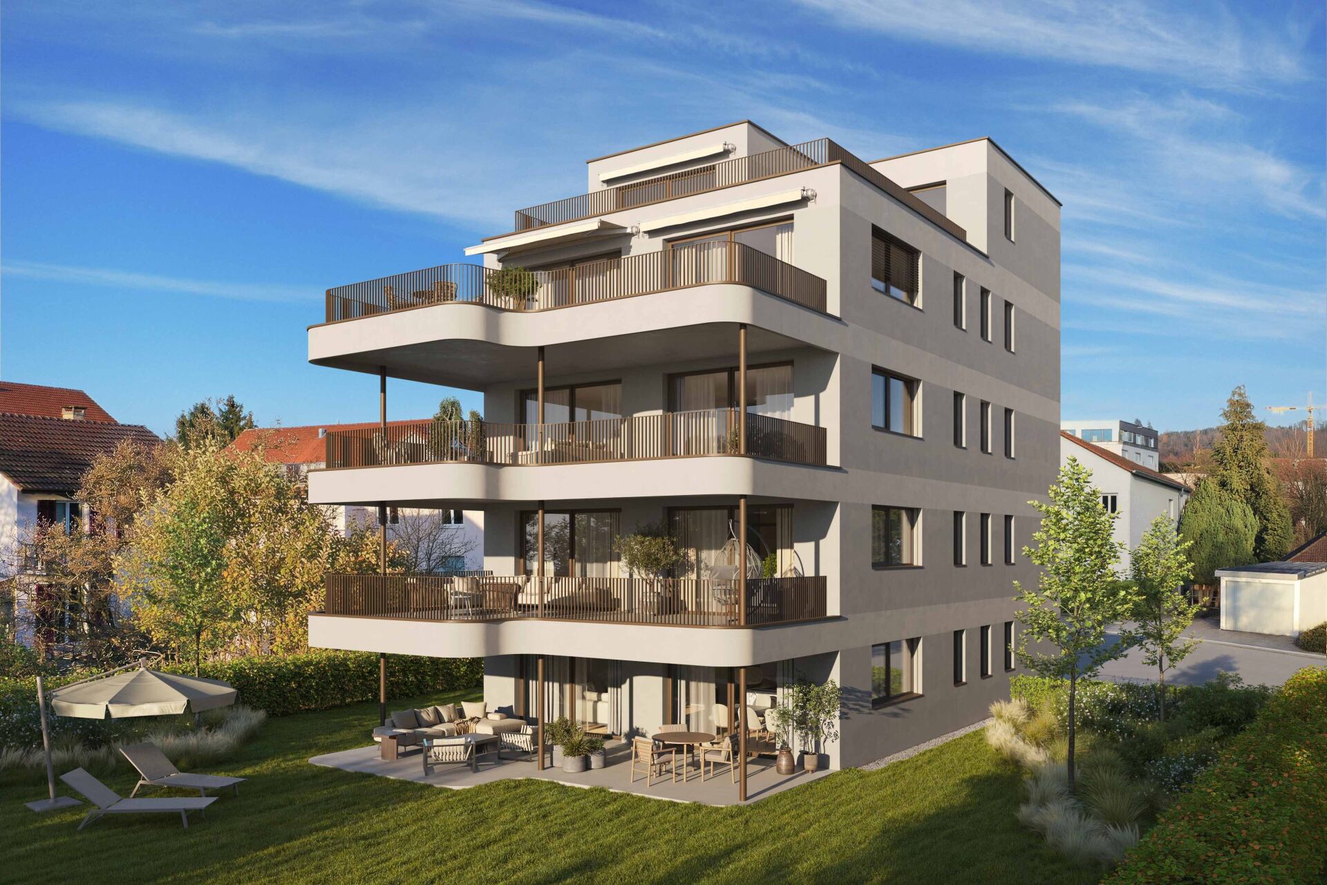 Moderner Mehrfamilienhaus-Neubau mit großzügigen Balkonen und Garten