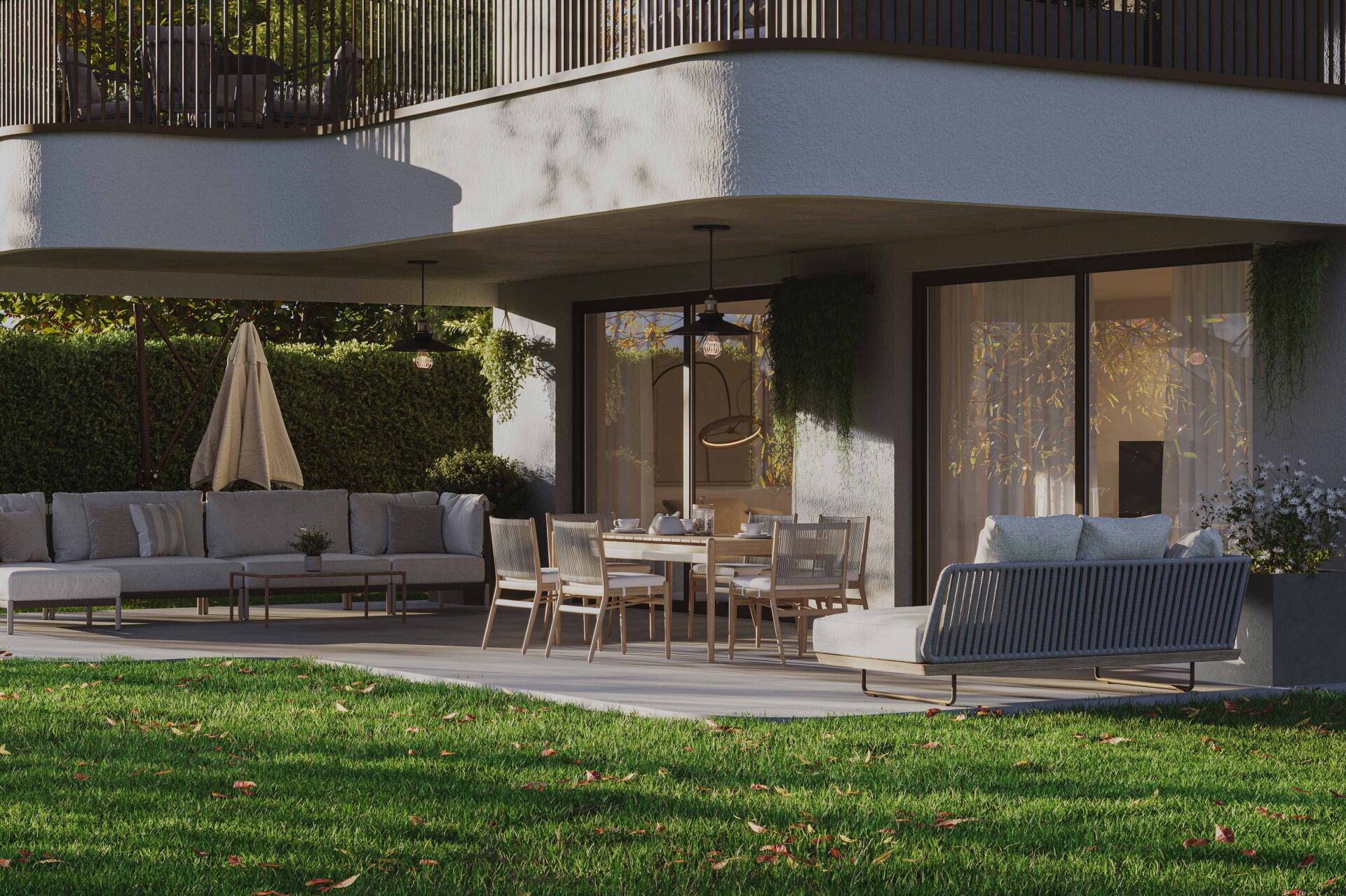 Moderne überdachte Terrasse mit Gartenlounge