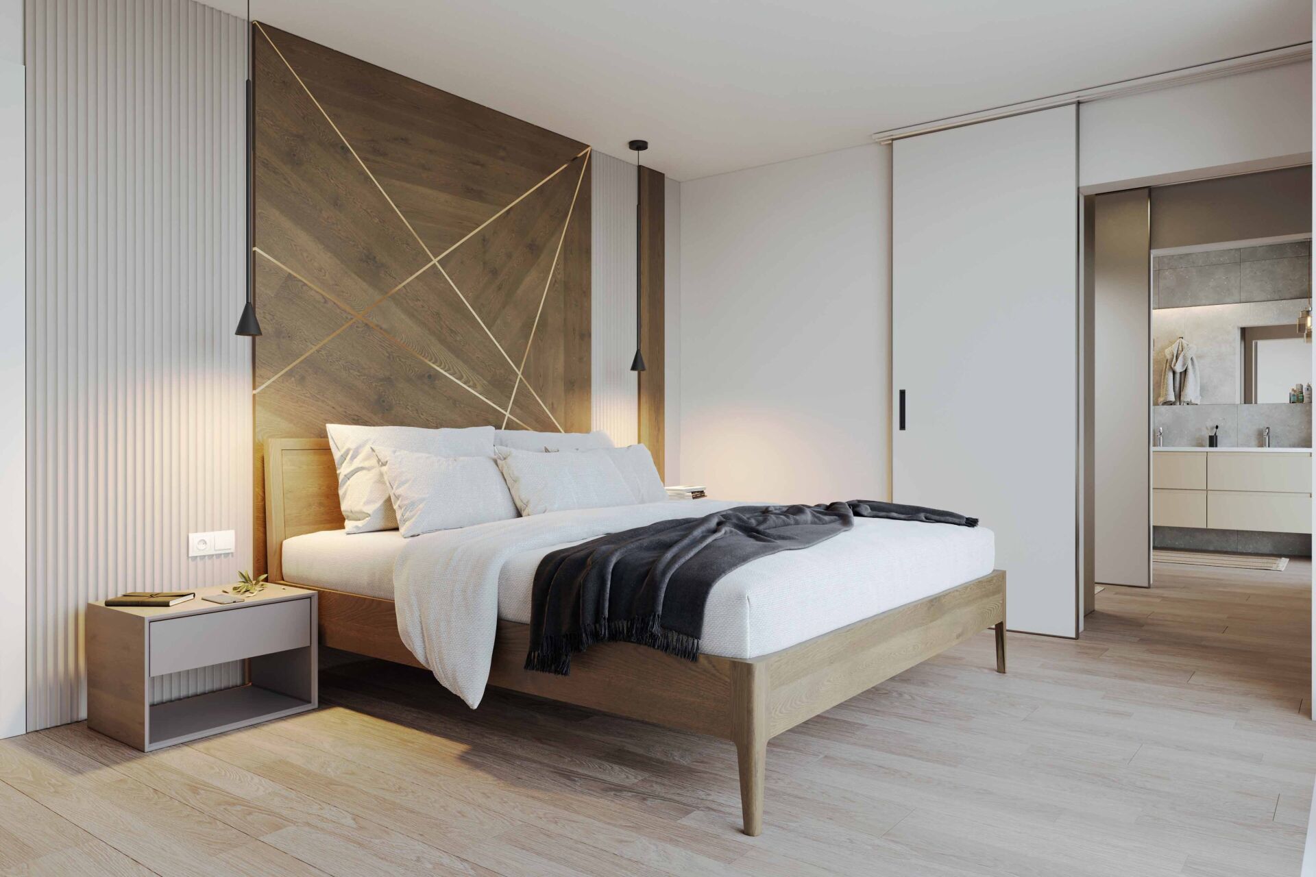Modernes Schlafzimmer mit Holz-Akzentwand