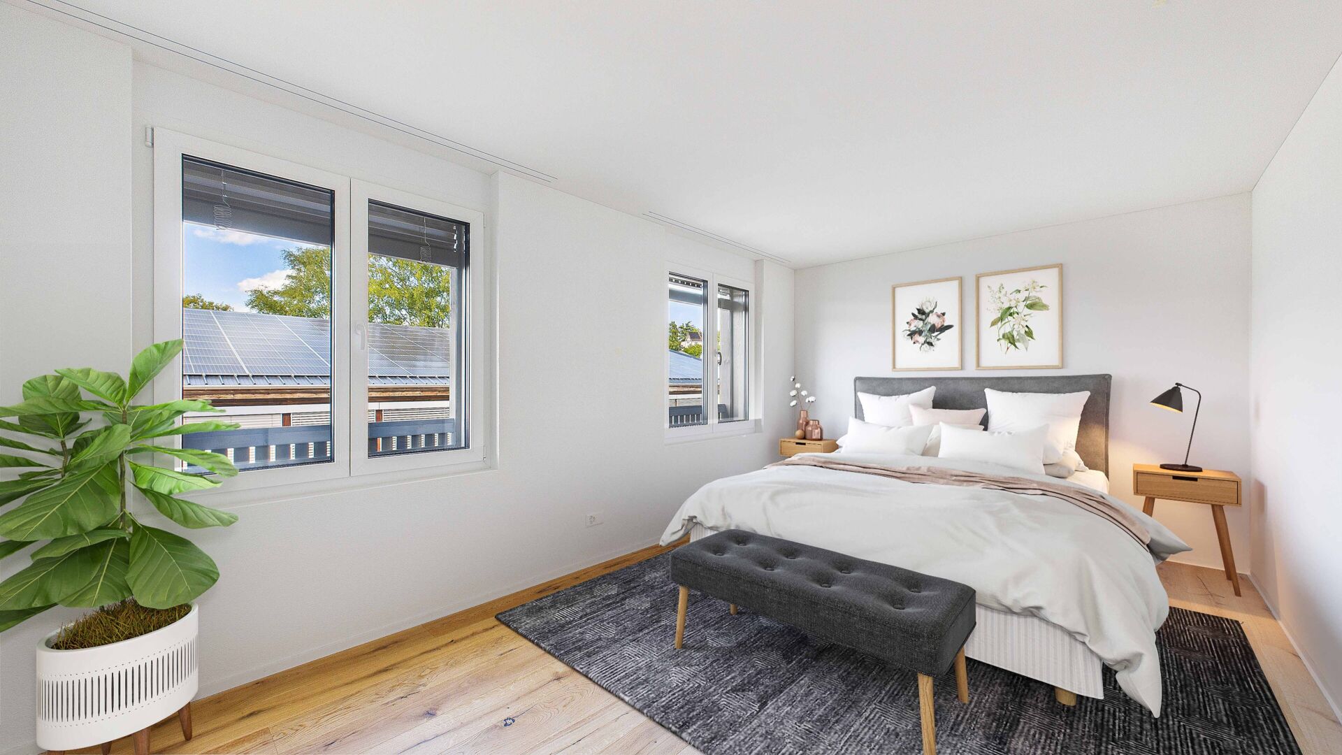 Helles Schlafzimmer mit modernem Staging