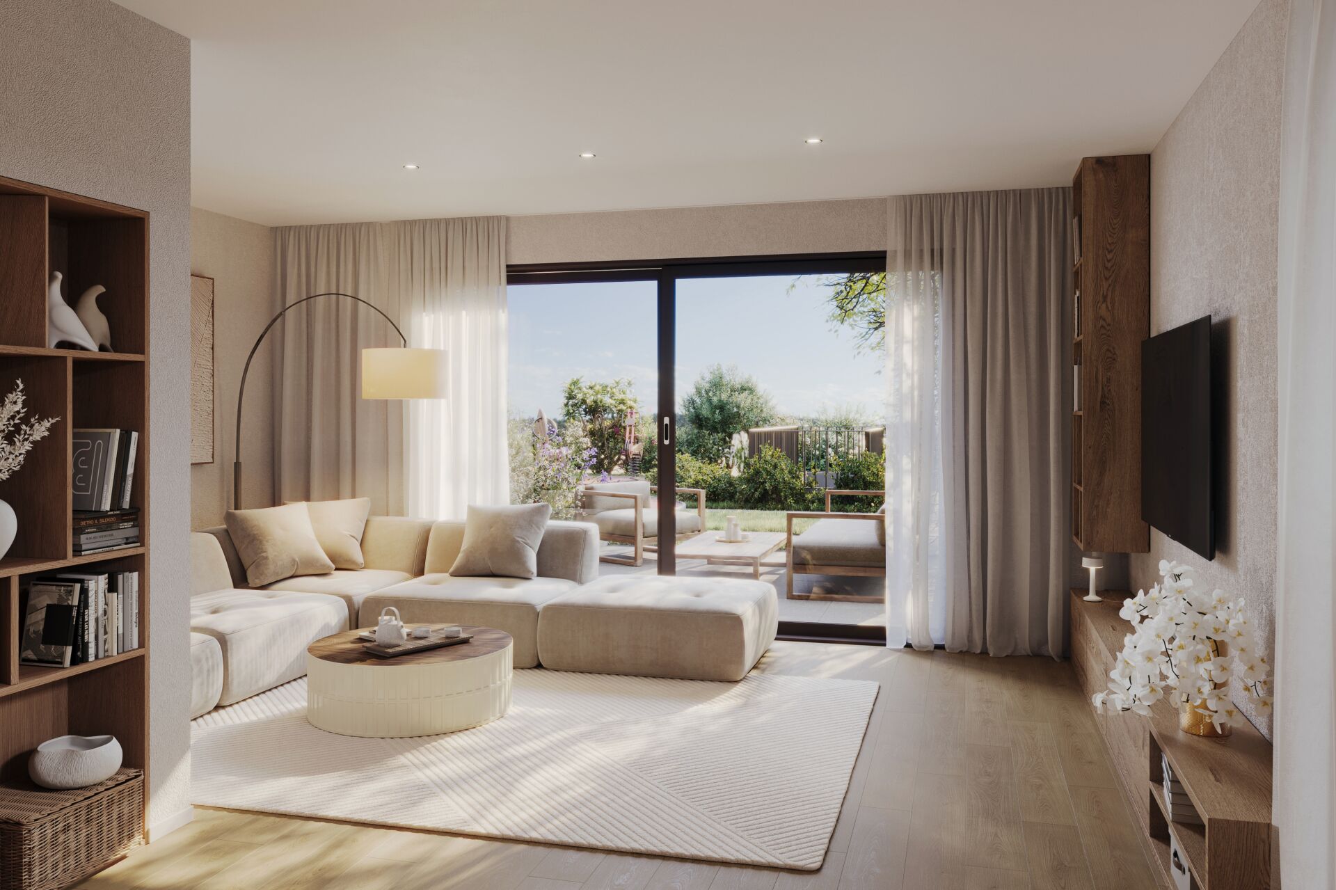 Helles, modernes Wohnzimmer mit Terrasse