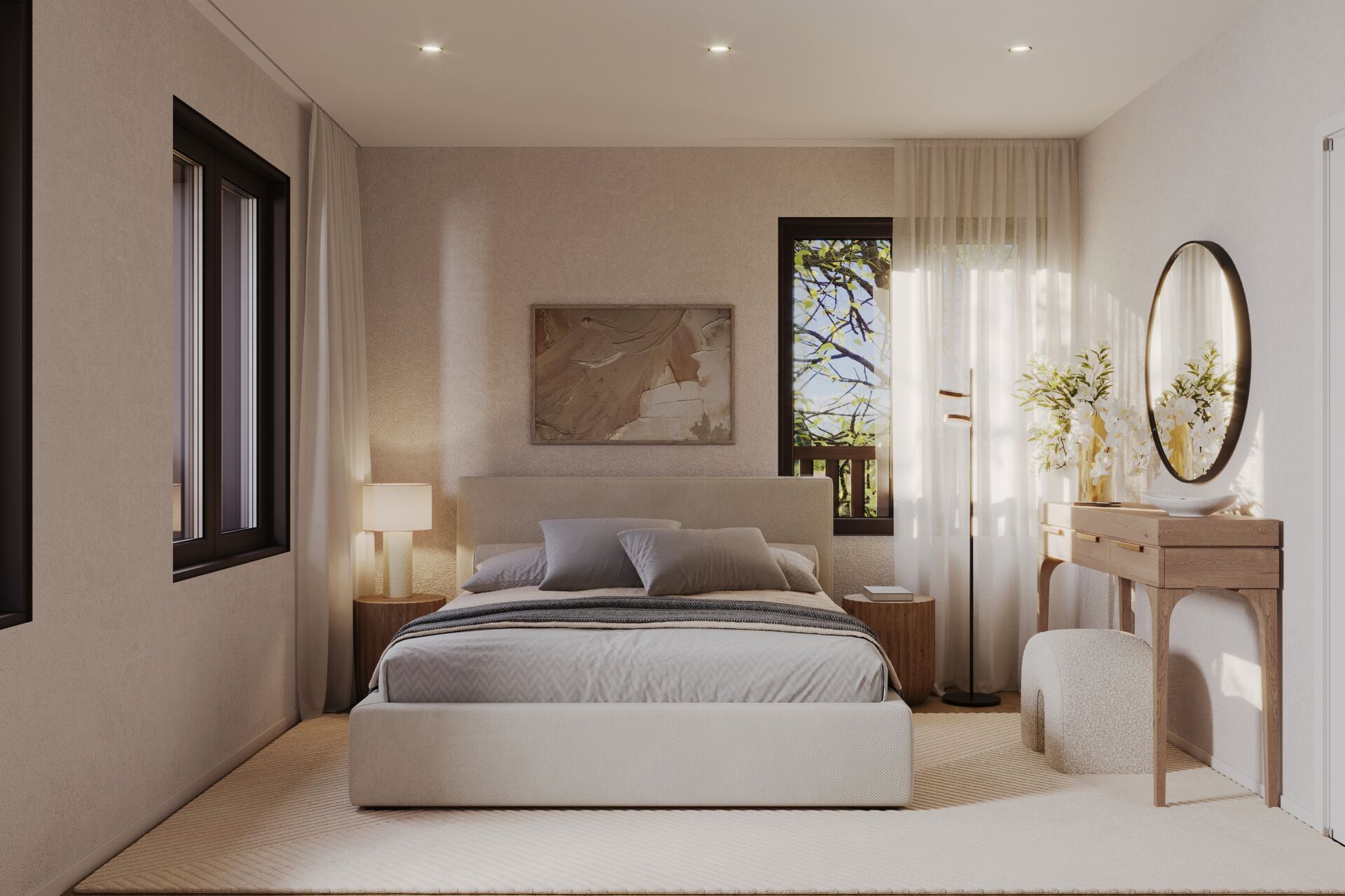 Helles, minimalistisches Schlafzimmer mit warmen Naturtönen
