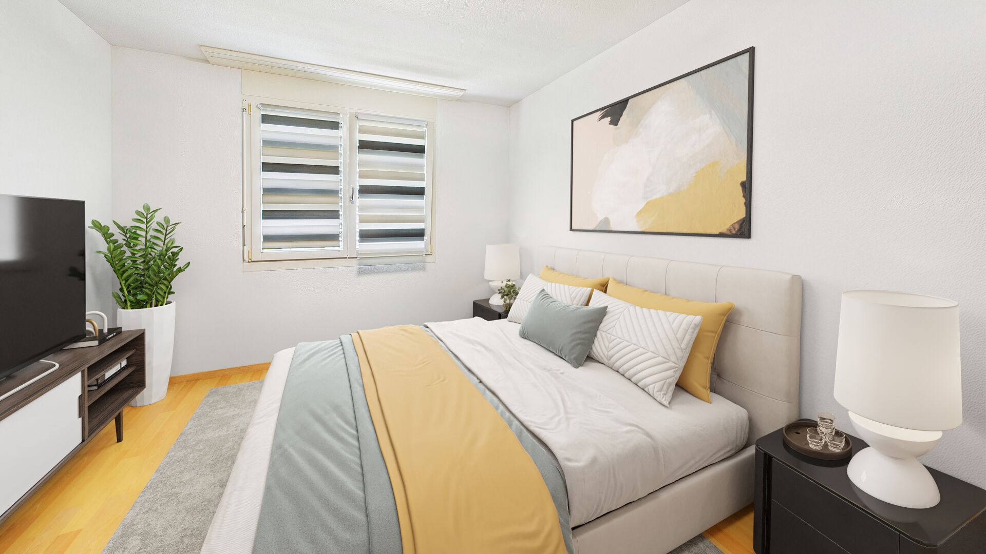 Helles Schlafzimmer mit dekorativem Staging