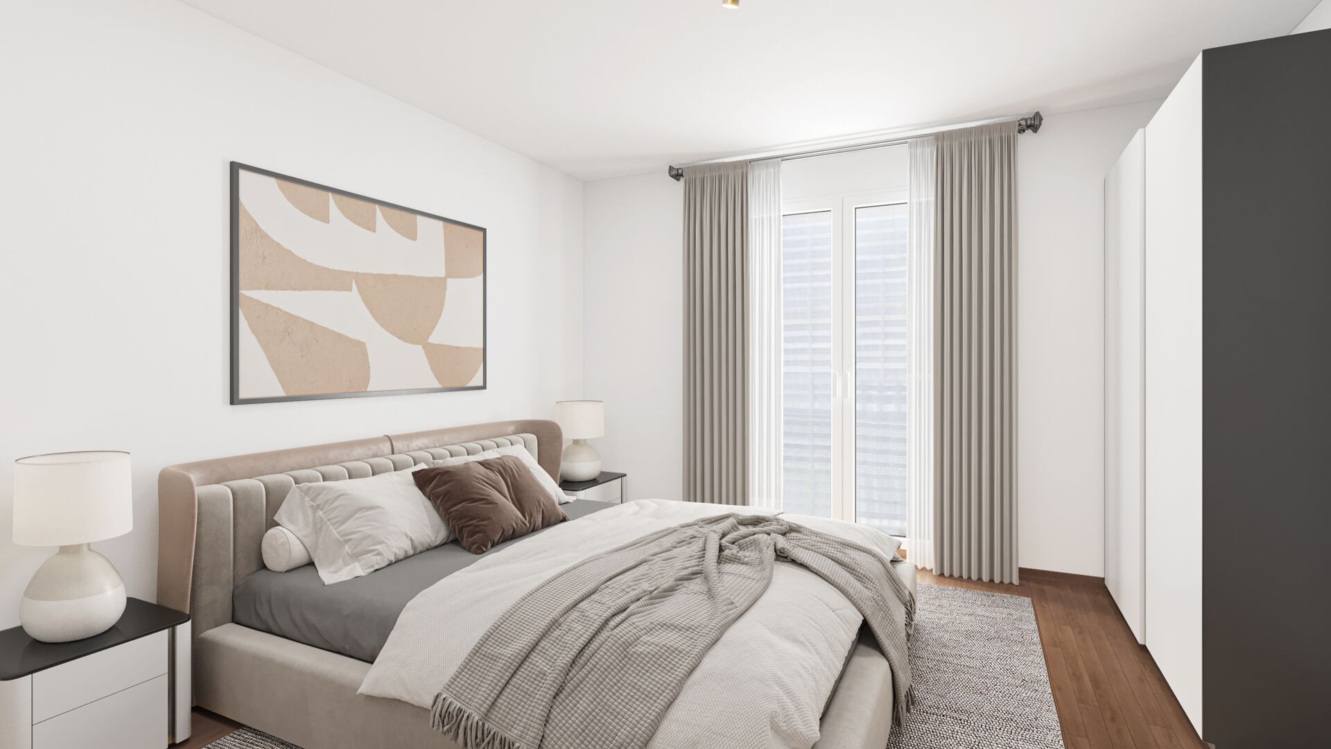 Modernes Schlafzimmer mit neutraler Einrichtung
