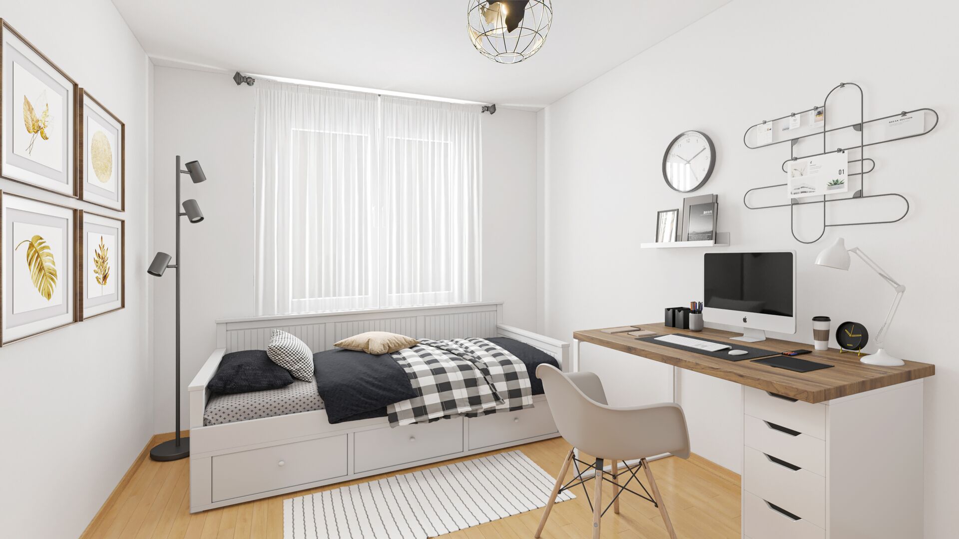 Helles, minimalistisches Schlafzimmer mit Homeoffice-Ecke