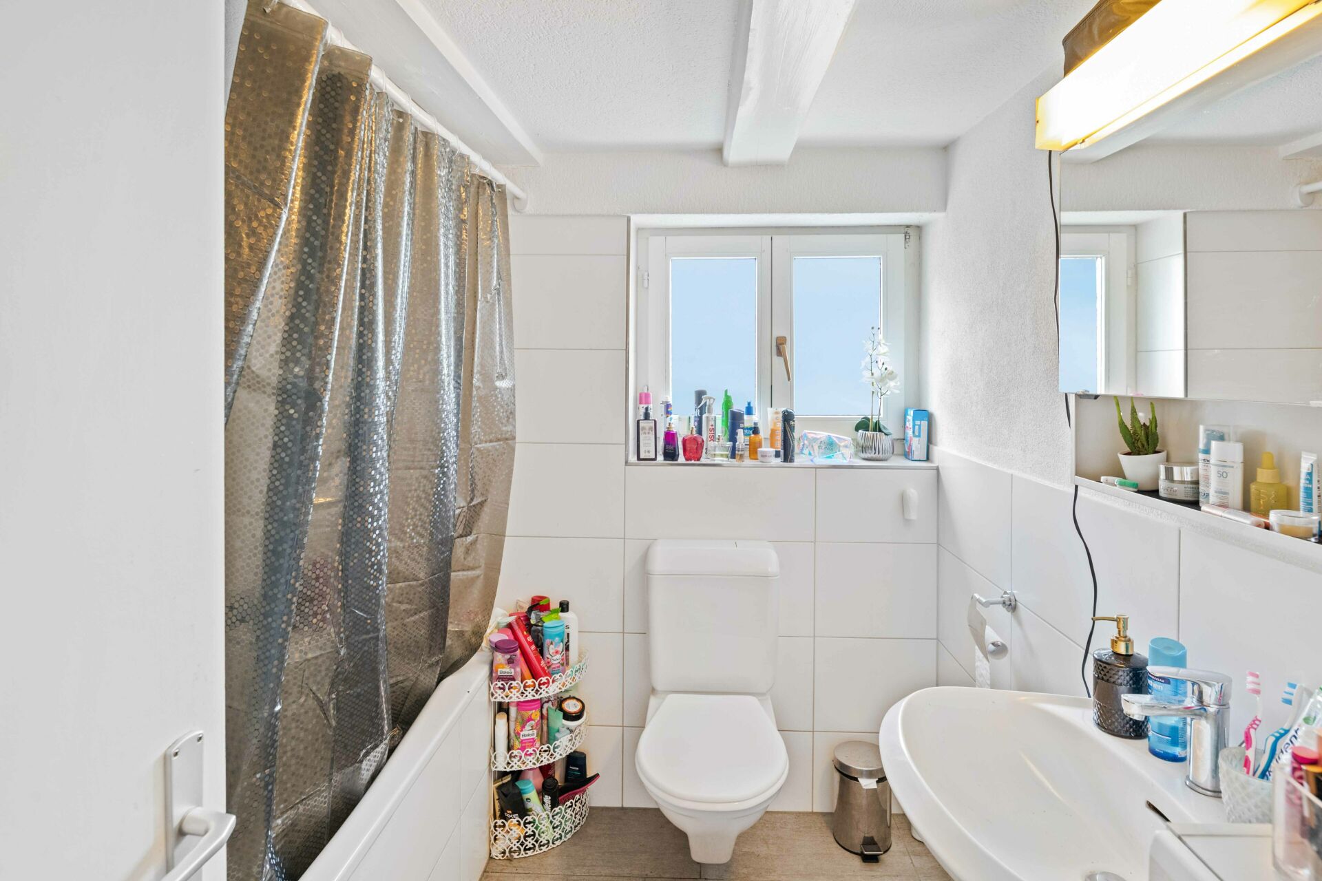 Kleines modernes Bad mit Dusche, WC und Waschbecken
