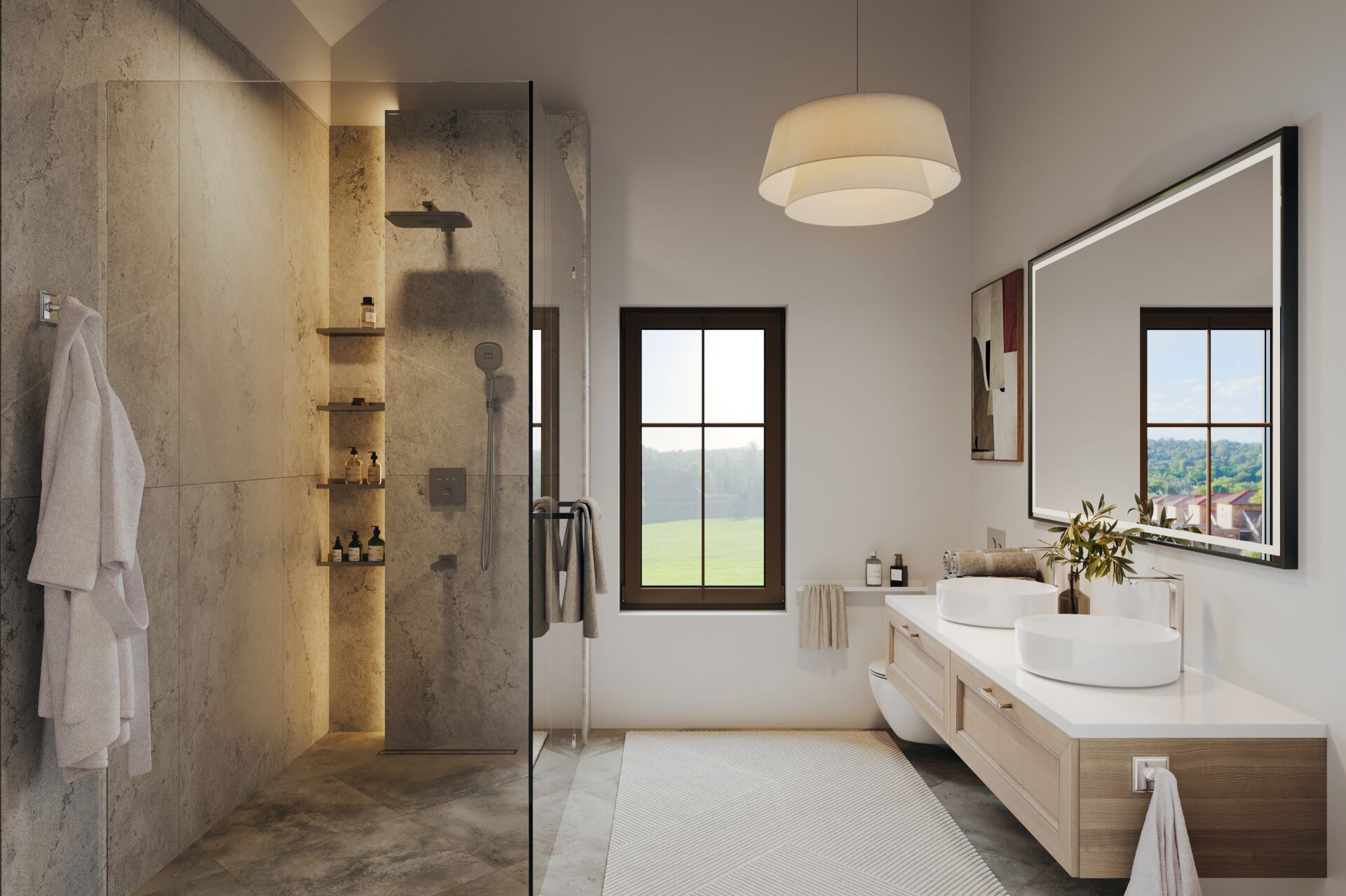 Modernes Badezimmer mit Doppelwaschtisch und begehbarer Dusche