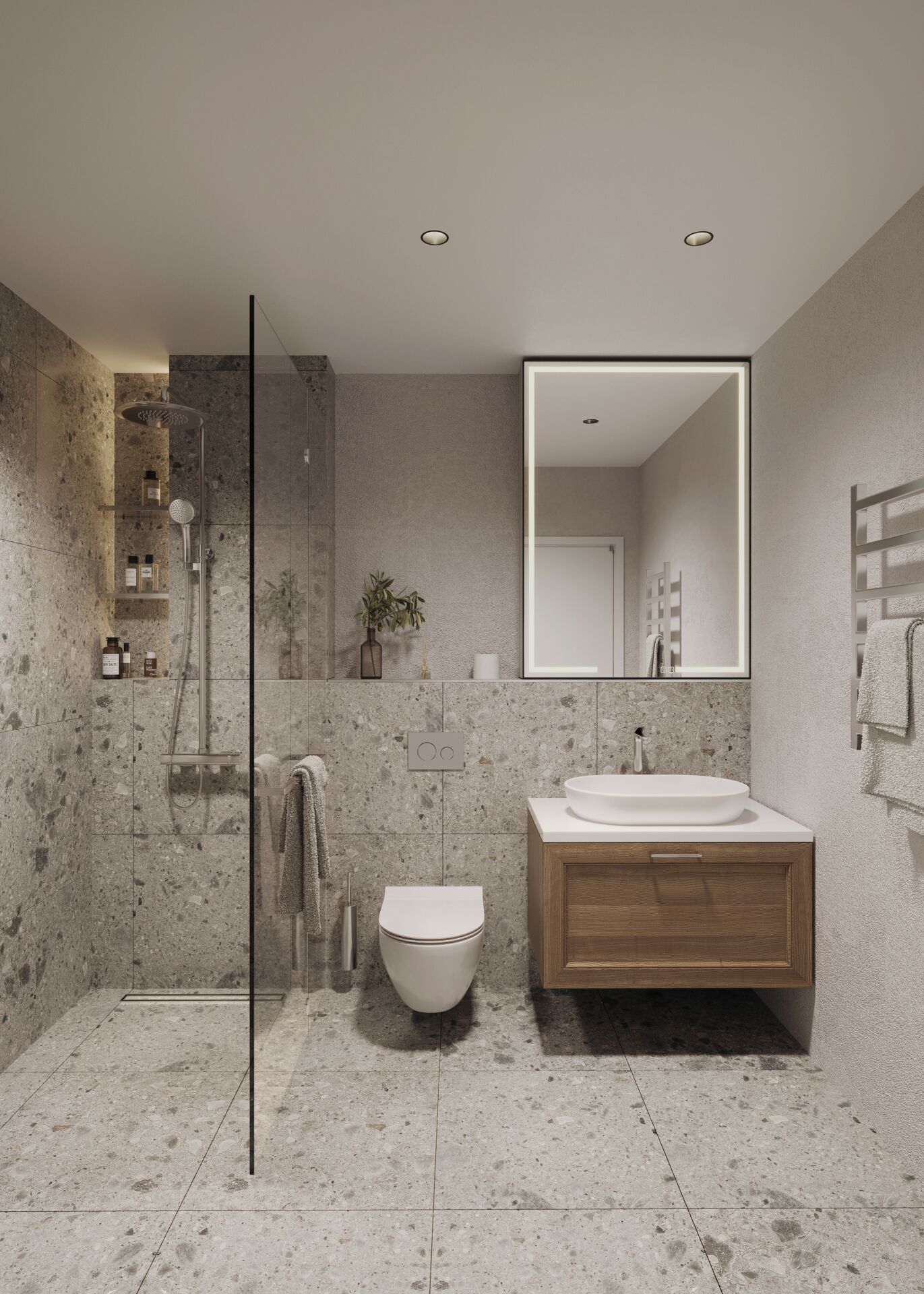 Modernes Badezimmer mit bodengleicher Dusche und Waschtisch