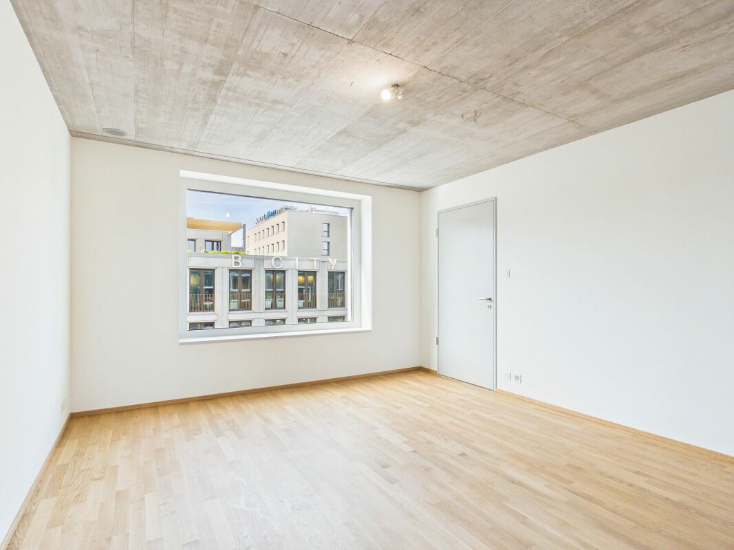 Leerer, heller Raum mit Beton-Decke und Holzboden