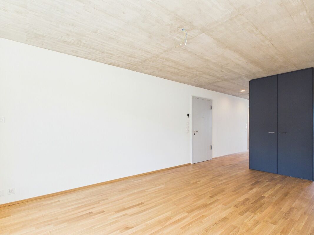 Leerer moderner Raum mit Holzdecke und Einbauschrank