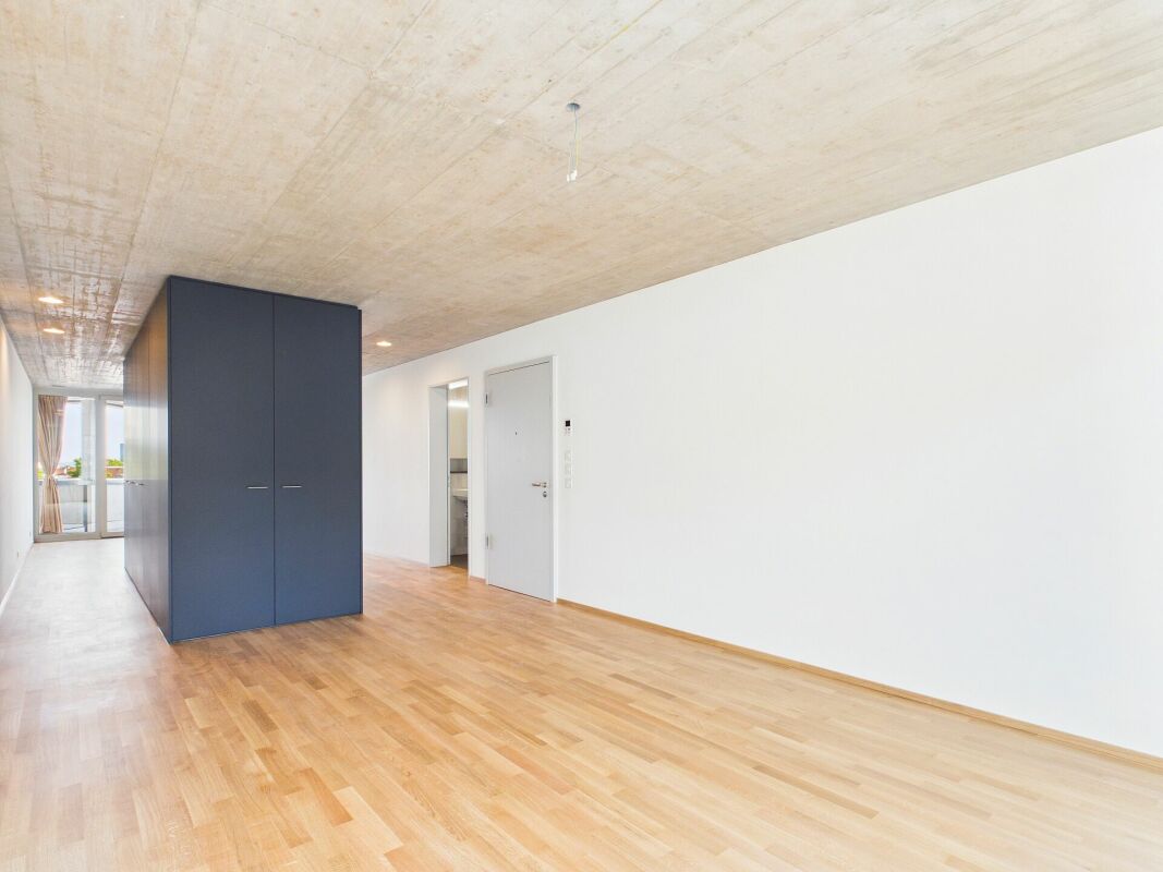 Langer, minimalistischer Flur mit zentralem Einbauschrank