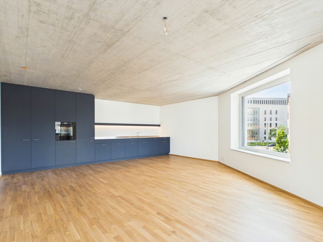 Moderne, leere Wohnküche mit großem Fenster