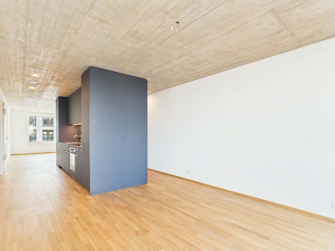 Modernes, leeres Wohn-/Esszimmer mit offener Küchenzeile