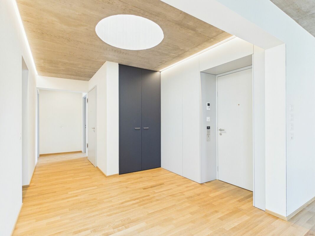 Moderner Eingangsbereich mit Holzdecke und Einbauschränken