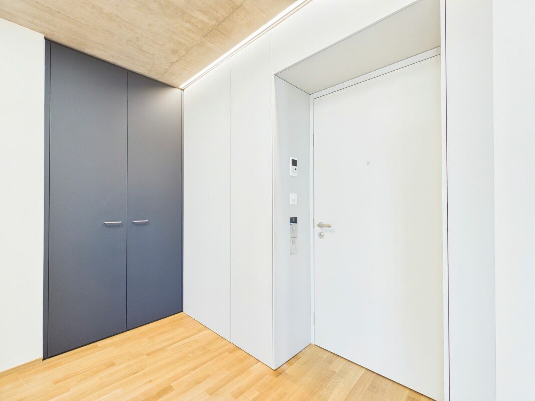 Moderner Eingangsbereich mit Einbauschrank und weißer Tür