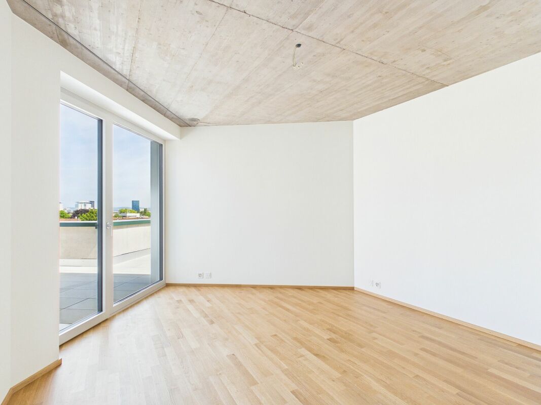 Heller leerer Wohnraum mit großer Fensterfront und Terrasse