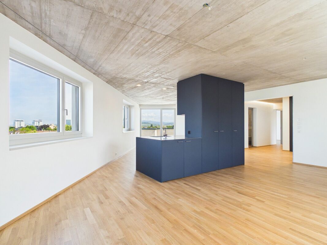 Offener Wohnbereich mit Kücheninsel und Beton-Decke