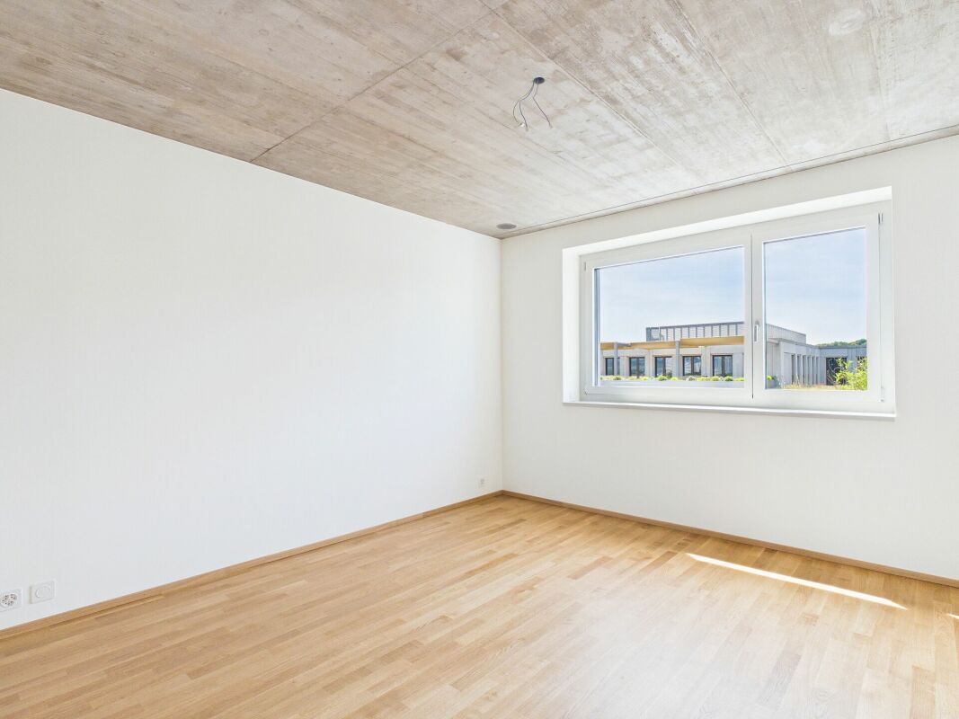 Heller leerer Raum mit Fenster und Sichtbetondecke