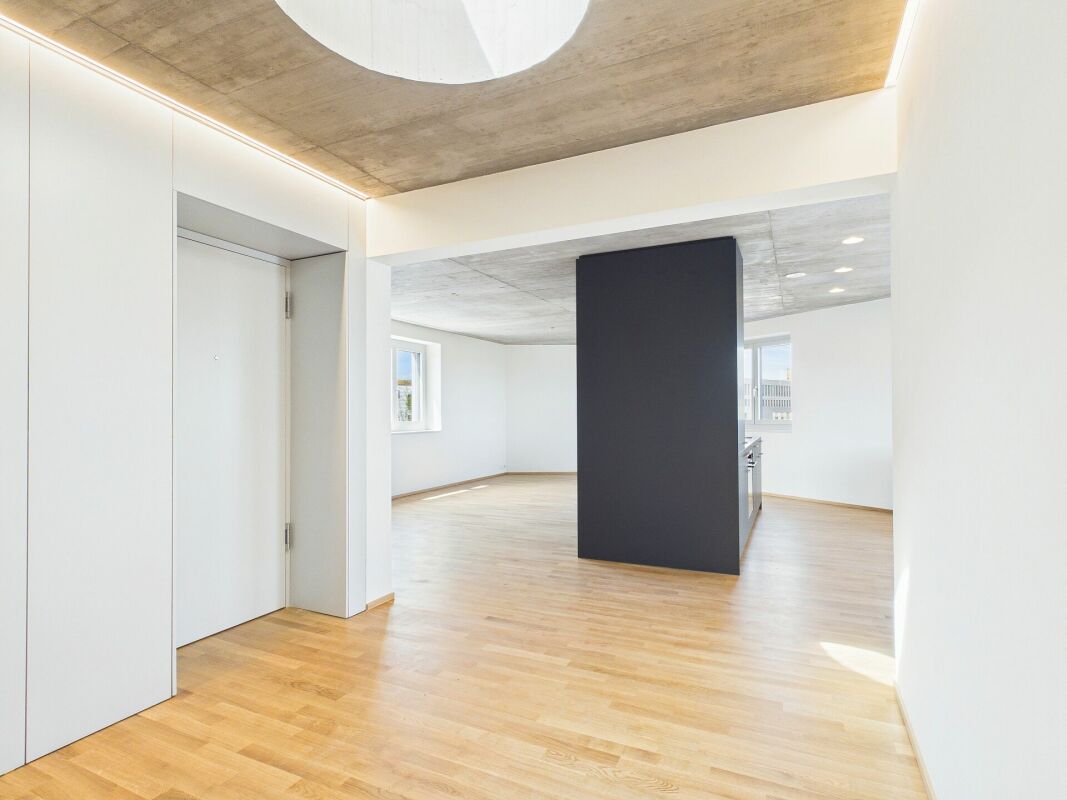 Moderner heller Innenraum mit Holzdecke und offenem Wohnbereich