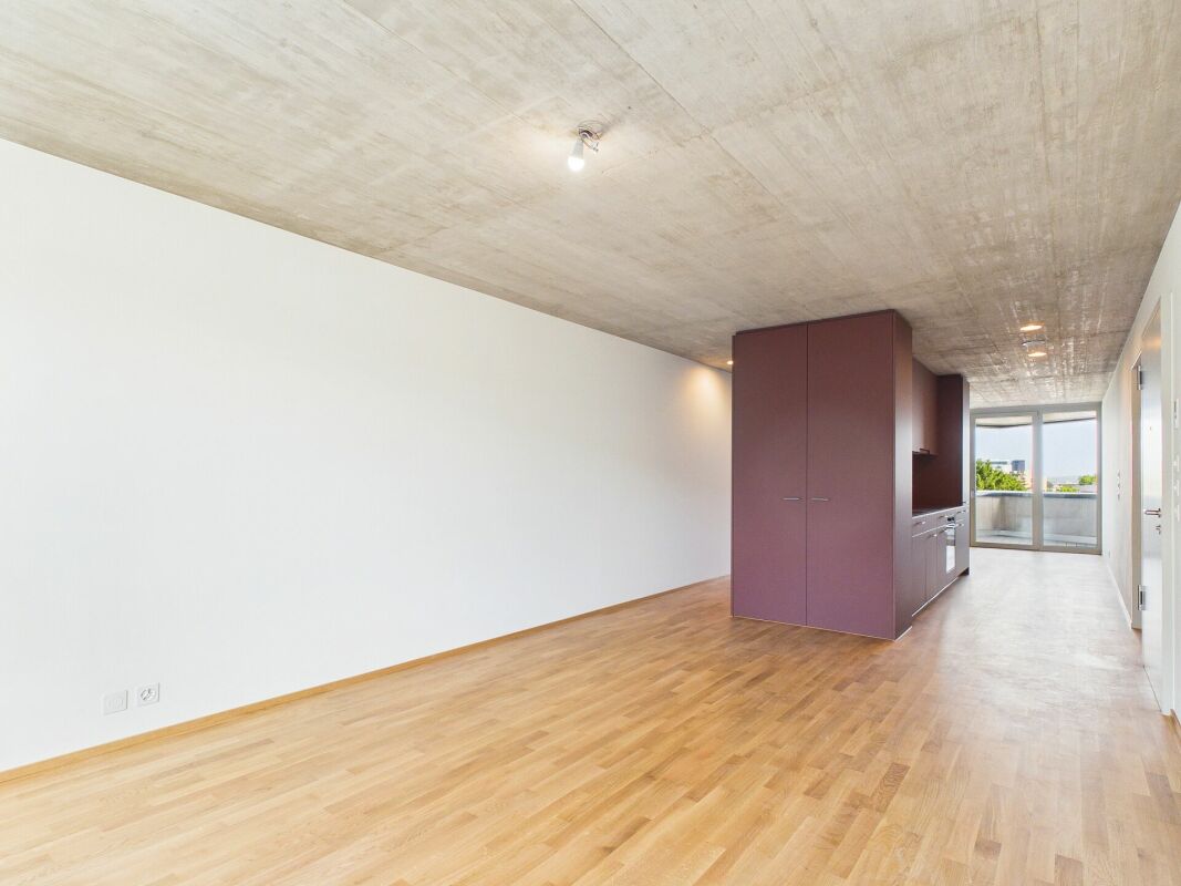 Moderner leerer Wohnraum mit Küchenblock und Balkonblick