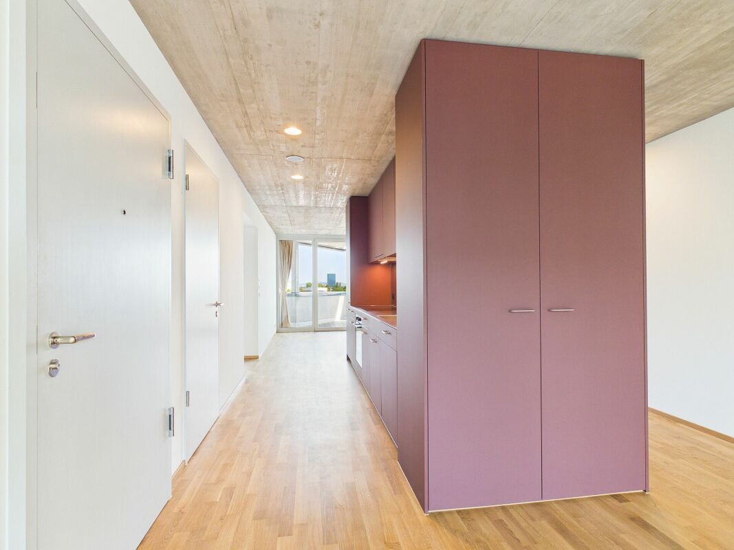 Moderner Flur mit Küchenzeile und Einbauschrank