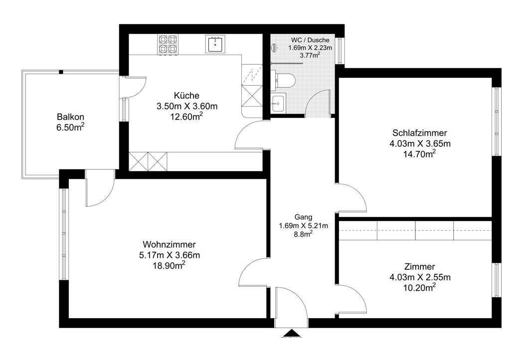 Grundriss einer Wohnung mit Balkon, Küche, Wohnzimmer, Schlafzimmer, Zimmer, Gang und WC/Dusche