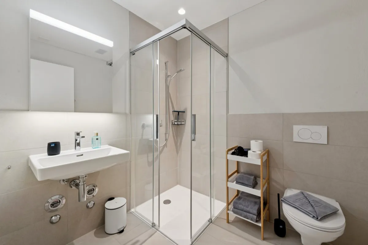 Modernes Bad mit Dusche und wandhängendem WC