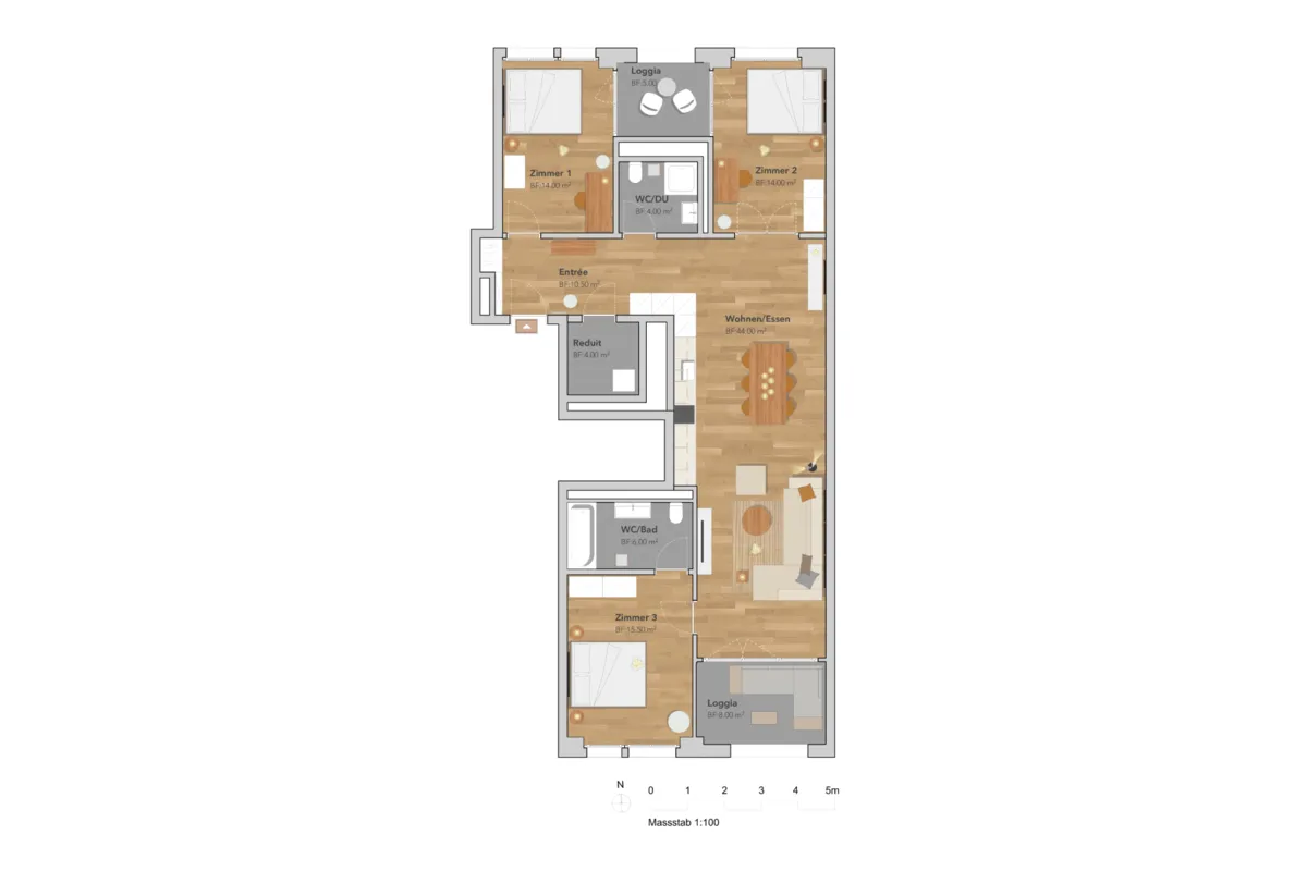 Grundriss einer Wohnung mit drei Zimmern, zwei Loggien sowie Bad und WC/DU.