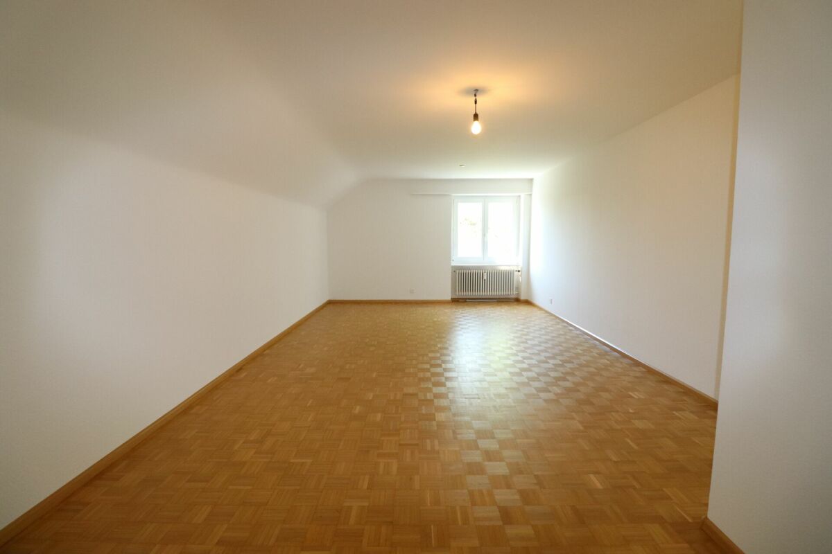 Leerer langer Wohnraum mit Parkettboden