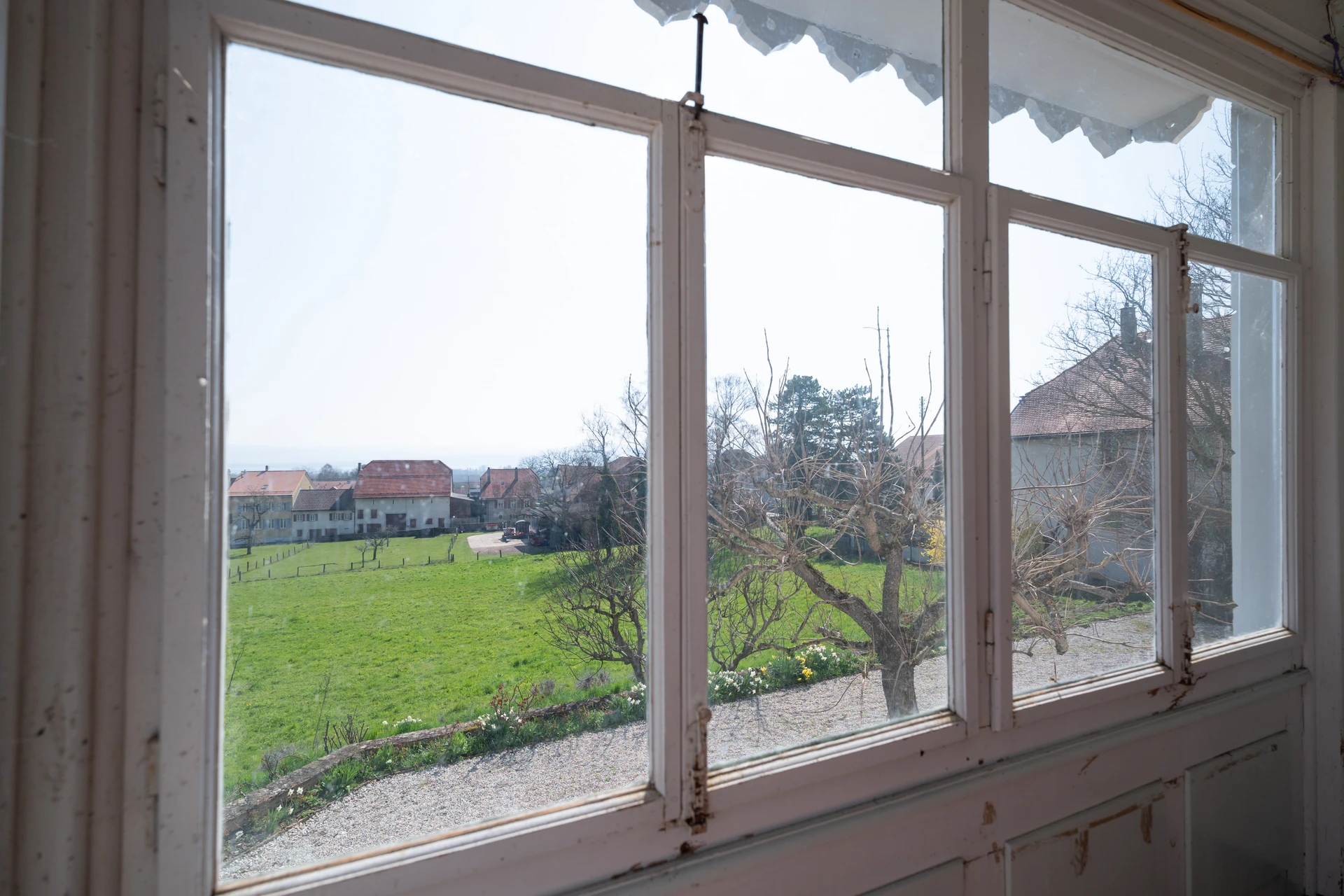 Blick durch ein altes Fenster auf Wiese und Nachbargebäude