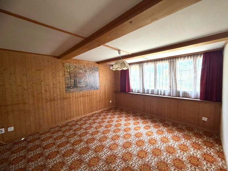 Holzvertäfelter Raum mit Blumenmuster-Teppich