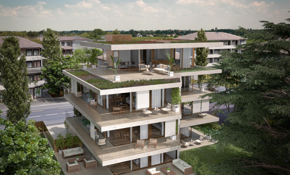 Modernes Mehrfamilienhaus mit großzügigen Terrassen und Dachbegrünung