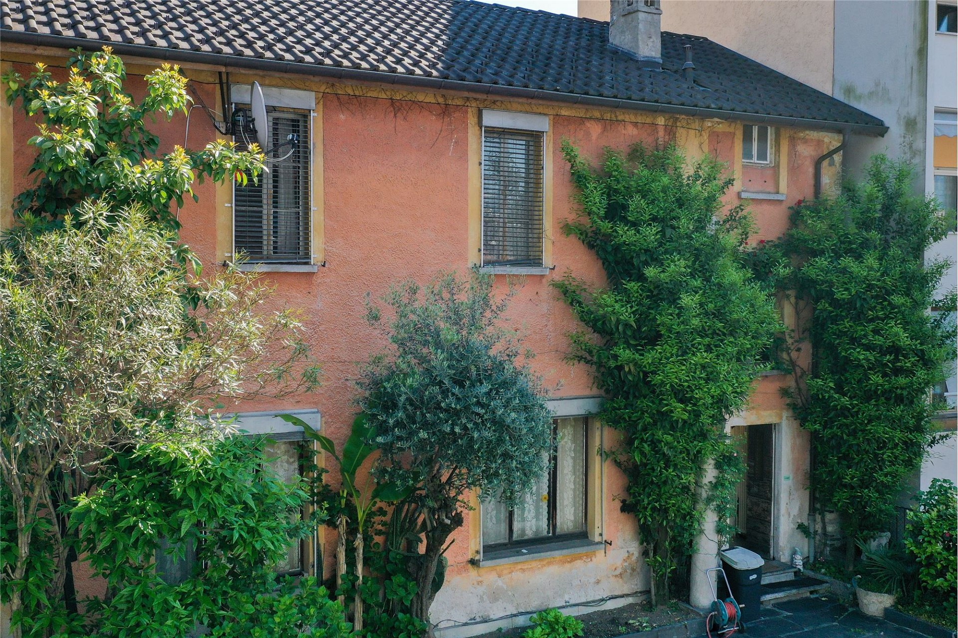 Außenansicht eines begrünten Wohnhauses